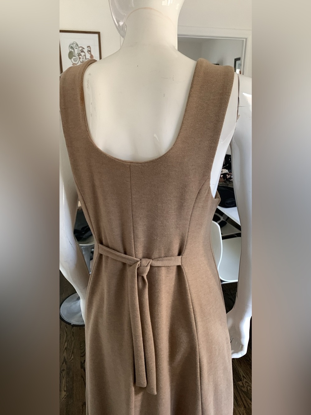 Sleeveless Wool Blend Button-Front A-Line Dress in Camel - Picture 3 of 10